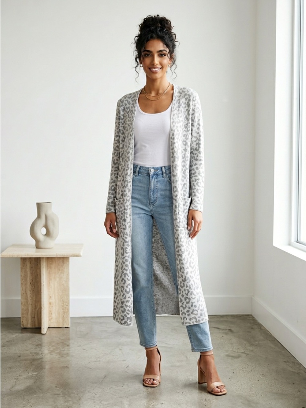 Light Gray Leopard Print Longline Cardigan